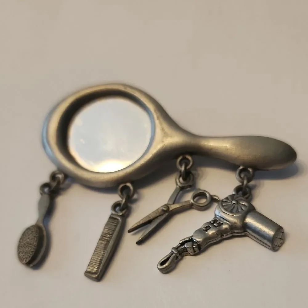 J J Jonette Jewelry Vintage Hairstylist Mirror Hanging Charms Brooch Pin Pewter